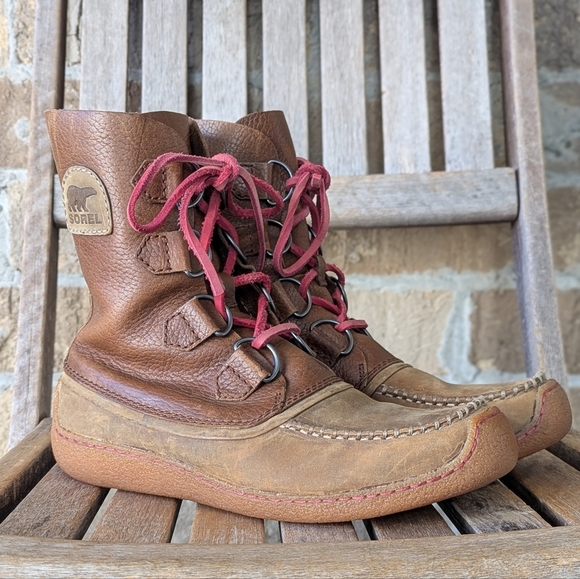 Sorel Men's Tan Brown Leather Chugalug Boots Size US 10 Red Leather Laces - Picture 1 of 11